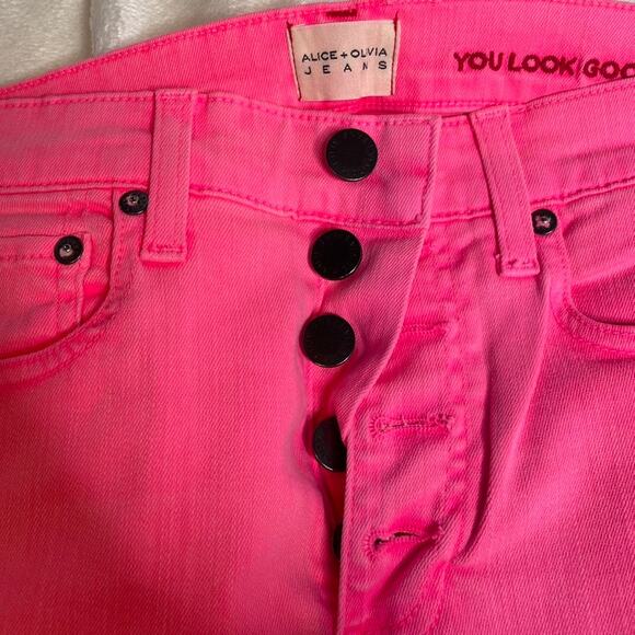 ALICE + OLIVIA Good High Rise Exposed Button‎ Fly Jean Neon Pink Skinny Ankle 26 - Picture 4 of 7